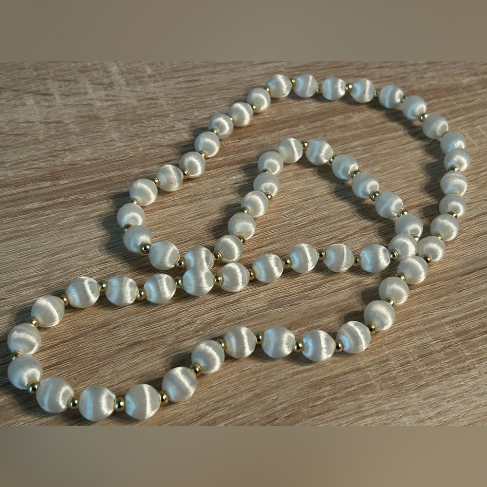 Mid Century Vintage White Silk Thread Bead Necklace